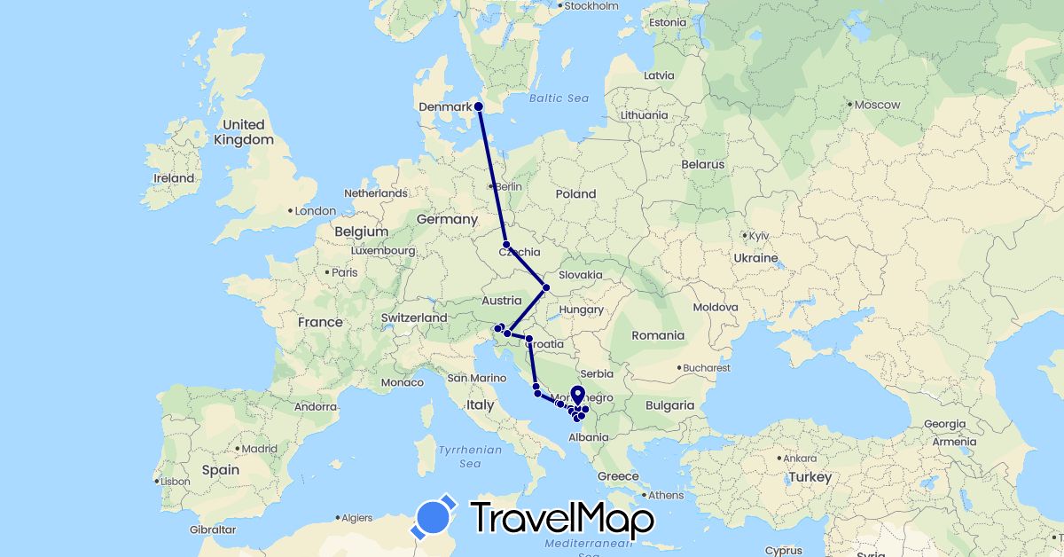 TravelMap itinerary: driving in Albania, Czech Republic, Denmark, Croatia, Montenegro, Slovenia, Slovakia (Europe)