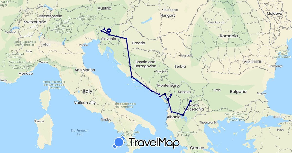 TravelMap itinerary: driving in Albania, Croatia, Montenegro, Macedonia, Slovenia (Europe)